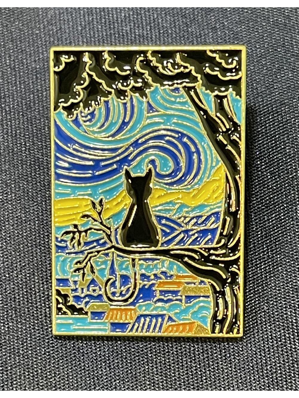 NWOT Black Cat Silhouette Enamel Lapel Pin Brooch Van Gogh Inspired